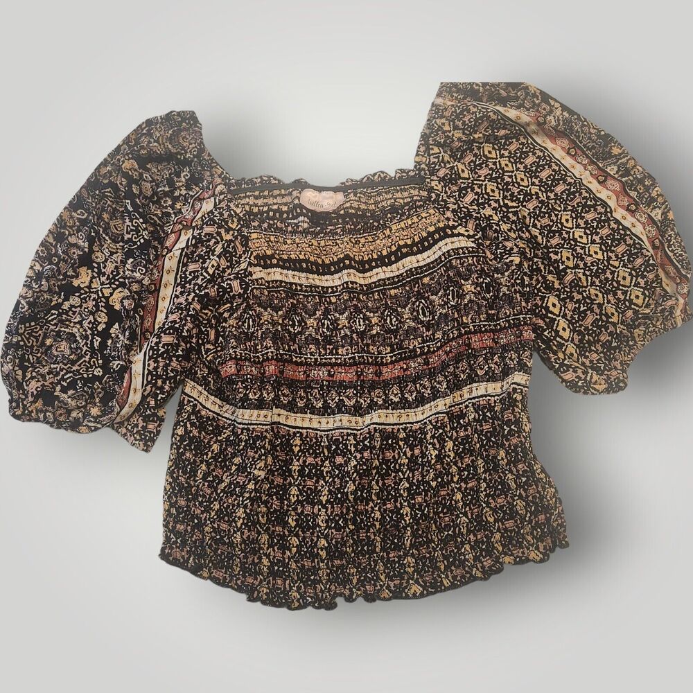 Willow Root Buckle Women’s L Multicolor Print Smocked Puff Sleeve Cropped Top